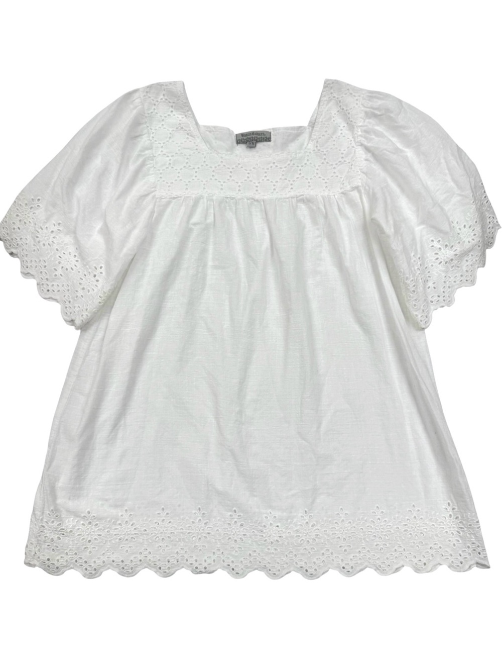 World Market White Cotton Eyelet Embroidered Babydoll Puff Sleeve Blouse S/M
